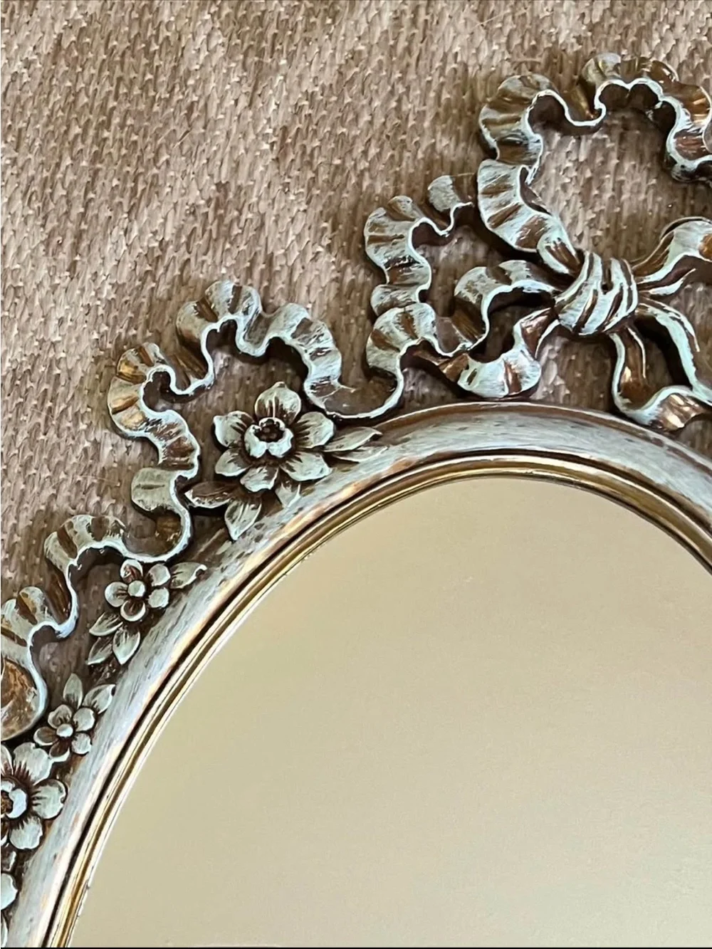 Vintage Syroco Gold Blue Painted Baroque Style Floral Ribbon Oval Wall Mirror